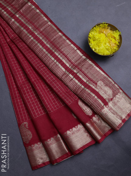 Semi chanderi saree red and bottle green with allover zari checked pattern and zari woven paisley butta border