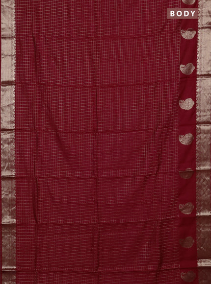 Semi chanderi saree red and bottle green with allover zari checked pattern and zari woven paisley butta border