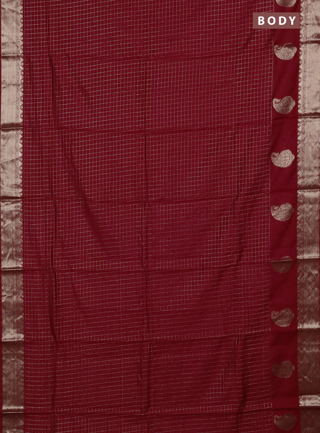 Semi chanderi saree red and bottle green with allover zari checked pattern and zari woven paisley butta border
