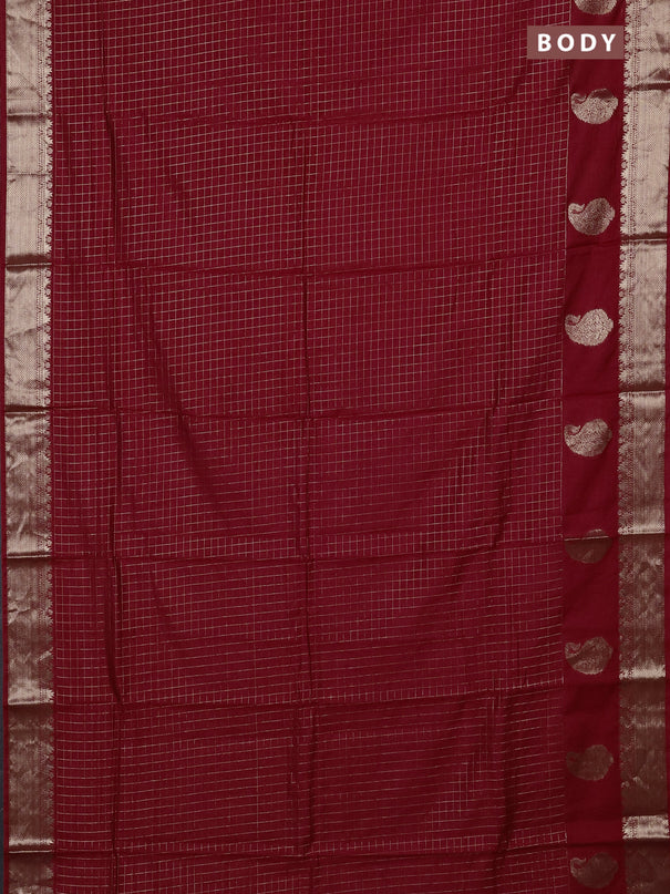 Semi chanderi saree red and bottle green with allover zari checked pattern and zari woven paisley butta border