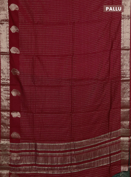 Semi chanderi saree red and bottle green with allover zari checked pattern and zari woven paisley butta border
