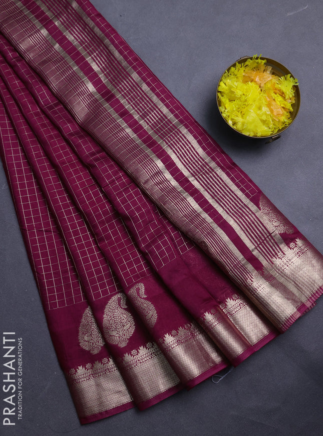 Semi chanderi saree wine shade and navy blue with allover zari checked pattern and zari woven paisley butta border