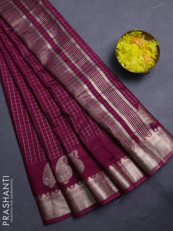 Semi chanderi saree wine shade and navy blue with allover zari checked pattern and zari woven paisley butta border