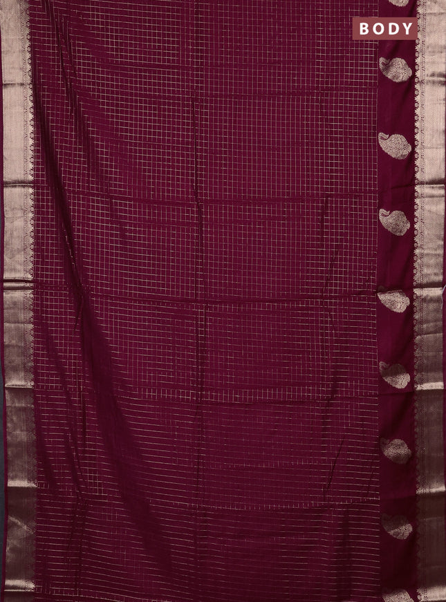 Semi chanderi saree wine shade and navy blue with allover zari checked pattern and zari woven paisley butta border