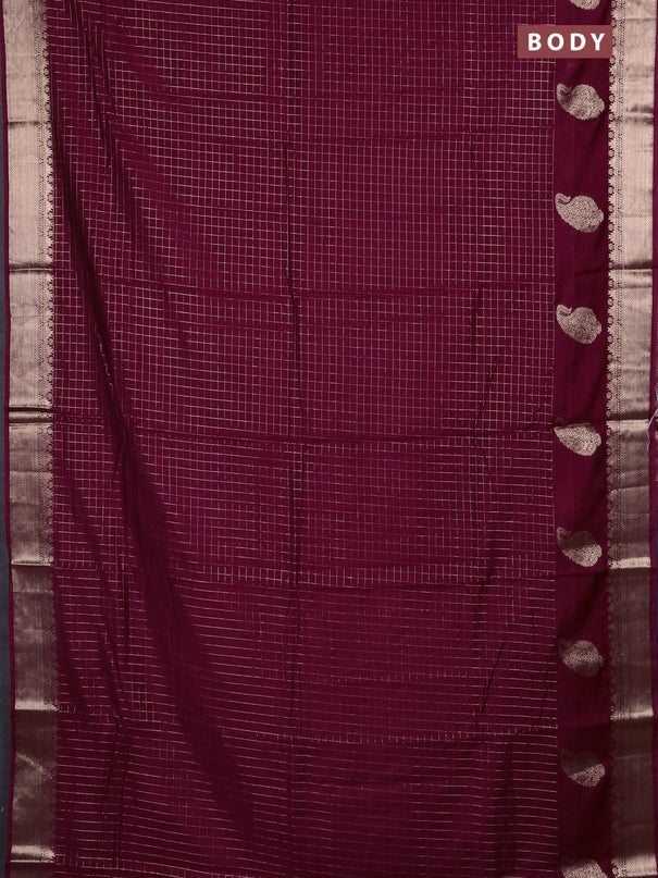 Semi chanderi saree wine shade and navy blue with allover zari checked pattern and zari woven paisley butta border