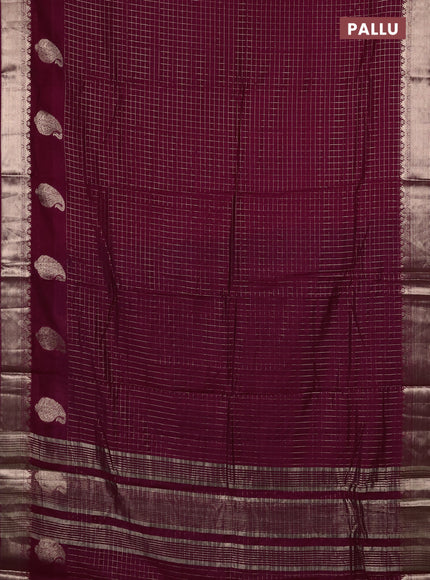 Semi chanderi saree wine shade and navy blue with allover zari checked pattern and zari woven paisley butta border