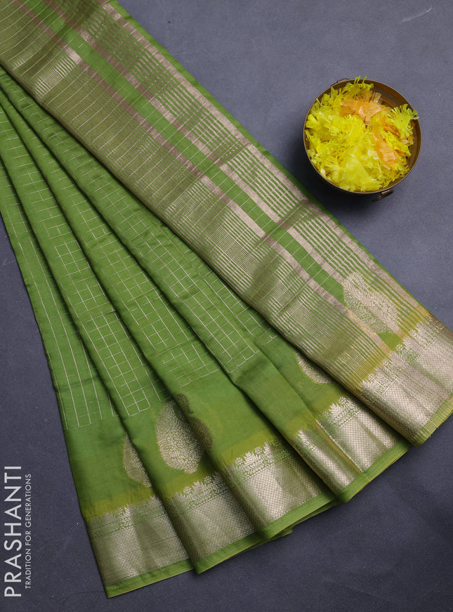 Semi chanderi saree light green and violet with allover zari checked pattern and zari woven paisley butta border