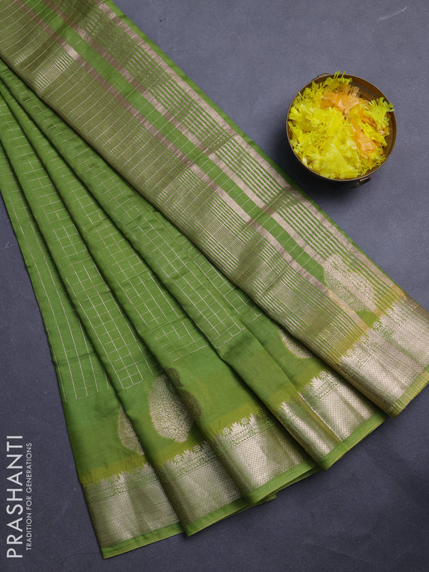 Semi chanderi saree light green and violet with allover zari checked pattern and zari woven paisley butta border