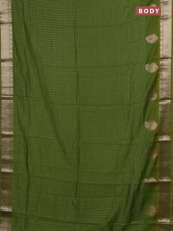 Semi chanderi saree light green and violet with allover zari checked pattern and zari woven paisley butta border