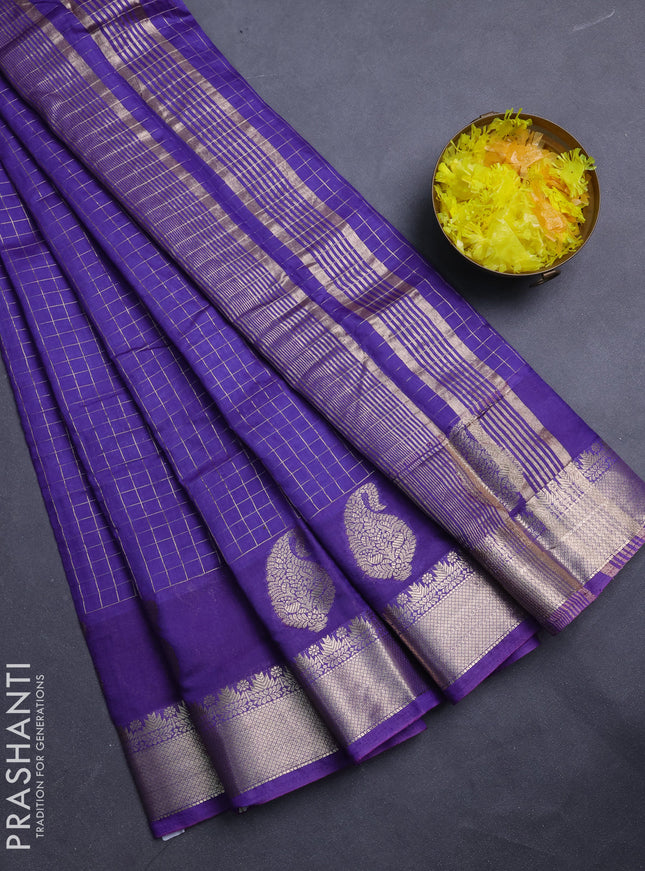 Semi chanderi saree violet and rust shade with allover zari checked pattern and zari woven paisley butta border