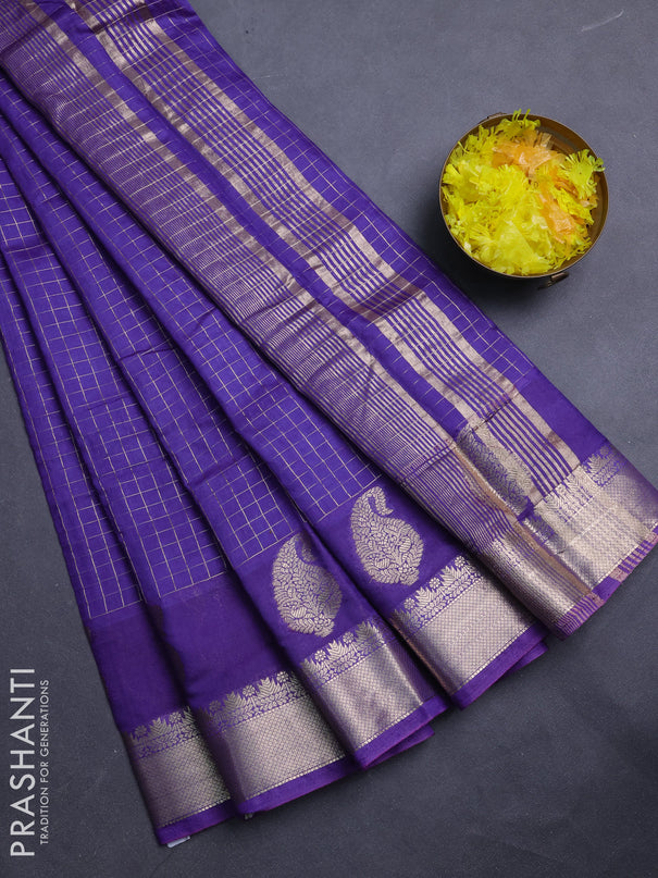 Semi chanderi saree violet and rust shade with allover zari checked pattern and zari woven paisley butta border