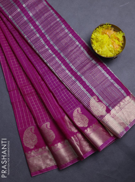 Semi chanderi saree pink and violet with allover zari checked pattern and zari woven paisley butta border