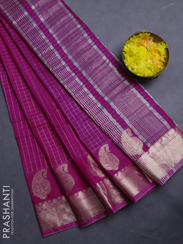 Semi chanderi saree pink and violet with allover zari checked pattern and zari woven paisley butta border