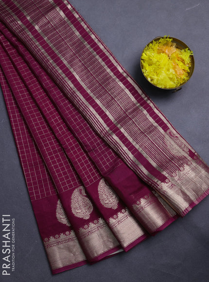 Semi chanderi saree wine shade and green with allover zari checked pattern and zari woven paisley butta border