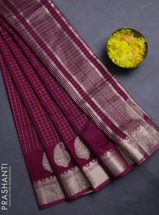 Semi chanderi saree wine shade and green with allover zari checked pattern and zari woven paisley butta border