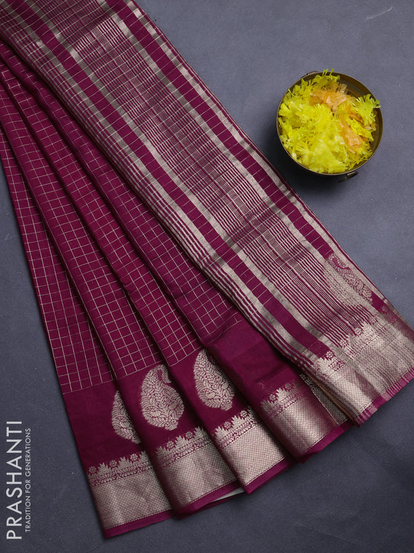 Semi chanderi saree wine shade and green with allover zari checked pattern and zari woven paisley butta border
