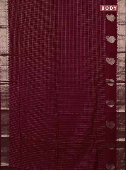 Semi chanderi saree wine shade and green with allover zari checked pattern and zari woven paisley butta border