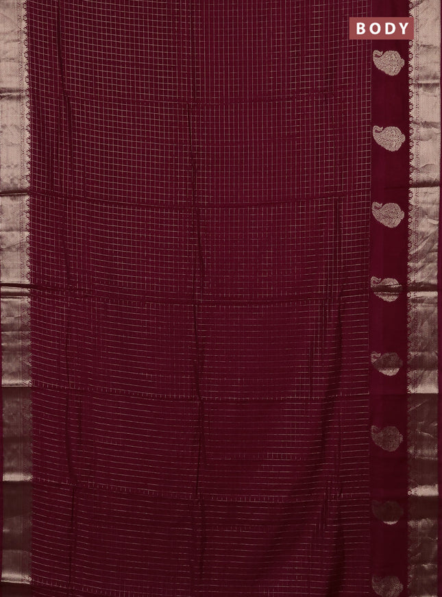 Semi chanderi saree wine shade and green with allover zari checked pattern and zari woven paisley butta border