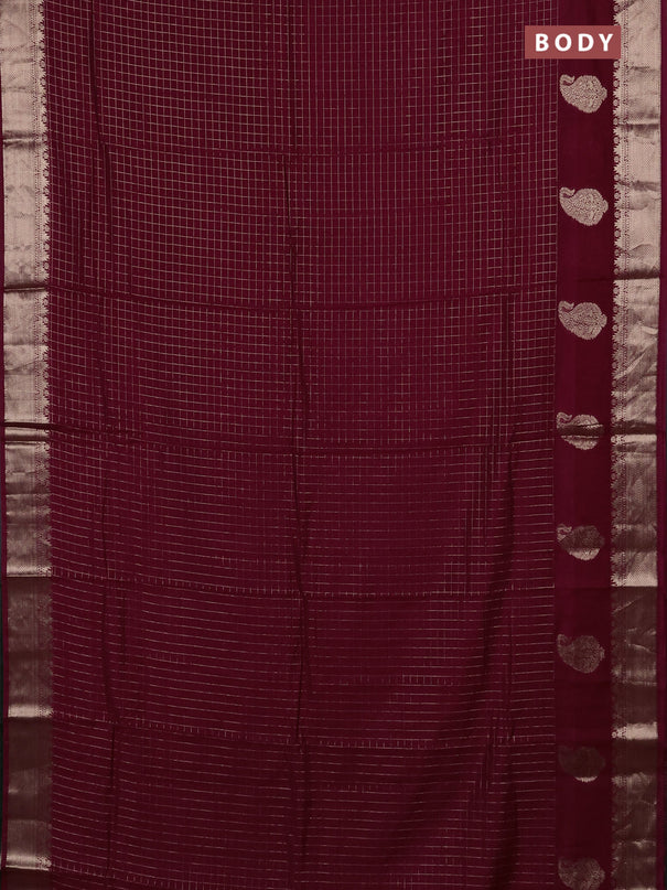 Semi chanderi saree wine shade and green with allover zari checked pattern and zari woven paisley butta border