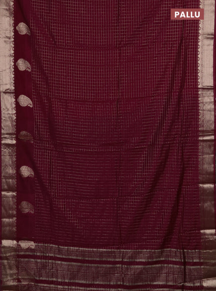Semi chanderi saree wine shade and green with allover zari checked pattern and zari woven paisley butta border