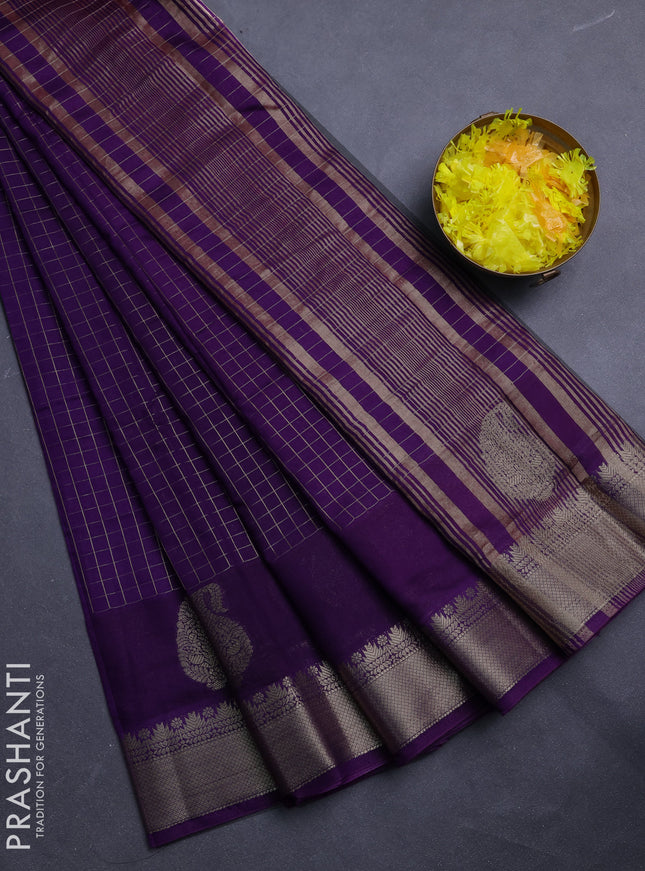 Semi chanderi saree violet and pink with allover zari checked pattern and zari woven paisley butta border