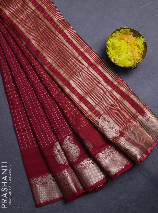 Semi chanderi saree maroon and yellow with allover zari checked pattern and zari woven paisley butta border