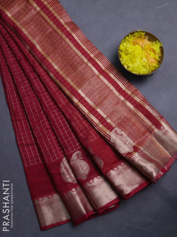 Semi chanderi saree maroon and yellow with allover zari checked pattern and zari woven paisley butta border