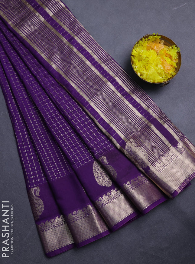 Semi chanderi saree violet and light green with allover zari checked pattern and zari woven paisley butta border