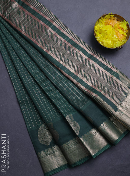 Semi chanderi saree bottle green and pink with allover zari checked pattern and zari woven paisley butta border