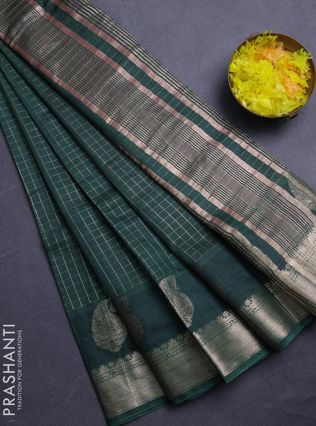 Semi chanderi saree bottle green and pink with allover zari checked pattern and zari woven paisley butta border