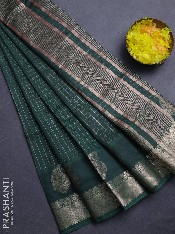 Semi chanderi saree bottle green and pink with allover zari checked pattern and zari woven paisley butta border
