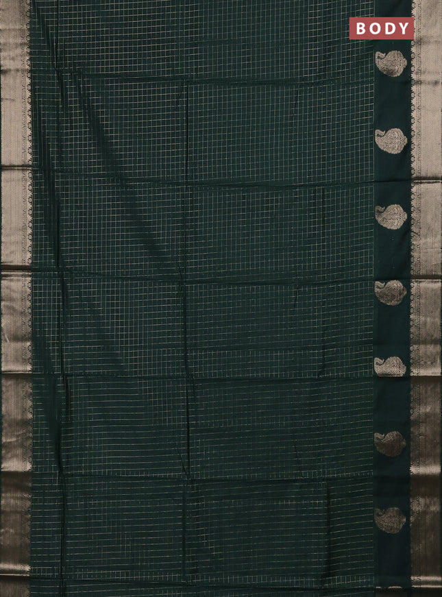 Semi chanderi saree bottle green and pink with allover zari checked pattern and zari woven paisley butta border