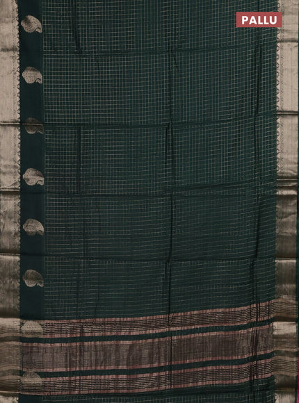 Semi chanderi saree bottle green and pink with allover zari checked pattern and zari woven paisley butta border