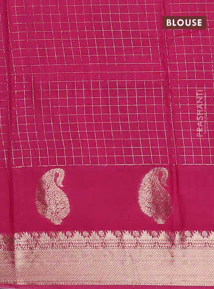 Semi chanderi saree bottle green and pink with allover zari checked pattern and zari woven paisley butta border