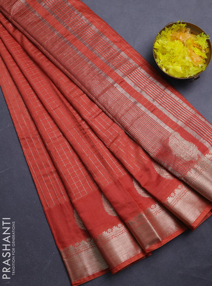 Semi chanderi saree rust shade and wine shade with allover zari checked pattern and zari woven paisley butta border