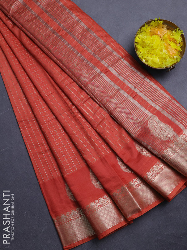 Semi chanderi saree rust shade and wine shade with allover zari checked pattern and zari woven paisley butta border