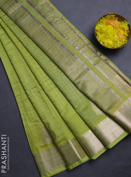 Semi chanderi saree light green and violet with allover zari checked pattern and zari woven paisley butta border