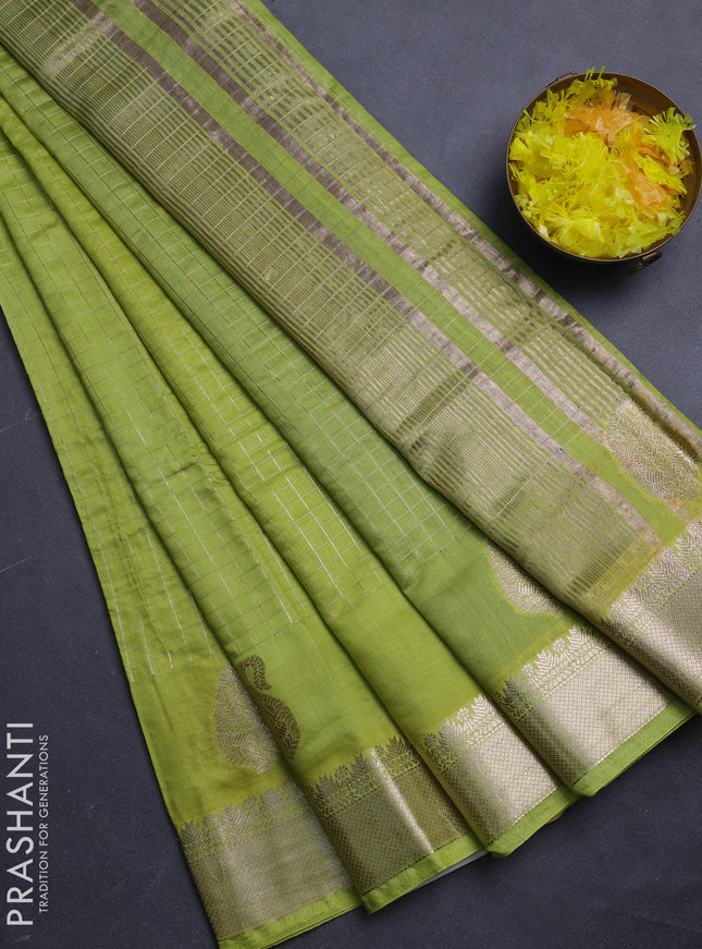 Semi chanderi saree light green and violet with allover zari checked pattern and zari woven paisley butta border
