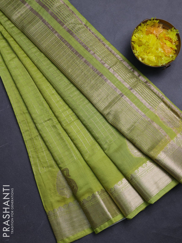 Semi chanderi saree light green and violet with allover zari checked pattern and zari woven paisley butta border