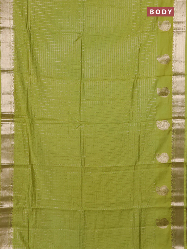 Semi chanderi saree light green and violet with allover zari checked pattern and zari woven paisley butta border
