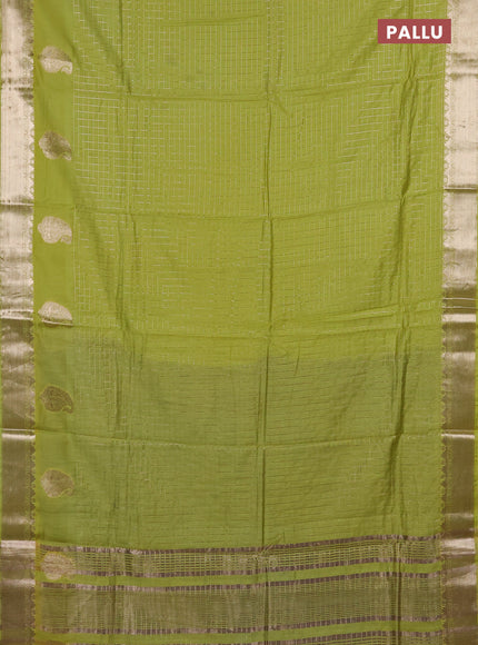 Semi chanderi saree light green and violet with allover zari checked pattern and zari woven paisley butta border