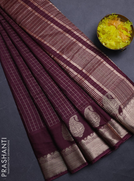 Semi chanderi saree deep wine shade and rust shade with allover zari checked pattern and zari woven paisley butta border