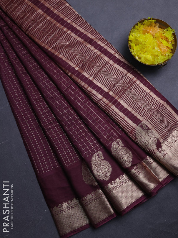 Semi chanderi saree deep wine shade and rust shade with allover zari checked pattern and zari woven paisley butta border