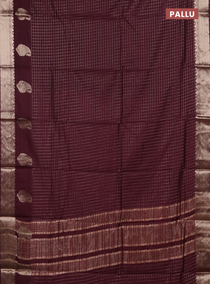 Semi chanderi saree deep wine shade and rust shade with allover zari checked pattern and zari woven paisley butta border