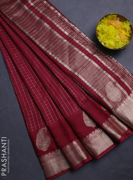 Semi chanderi saree maroon and green with allover zari checked pattern and zari woven paisley butta border
