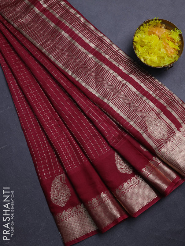 Semi chanderi saree maroon and green with allover zari checked pattern and zari woven paisley butta border