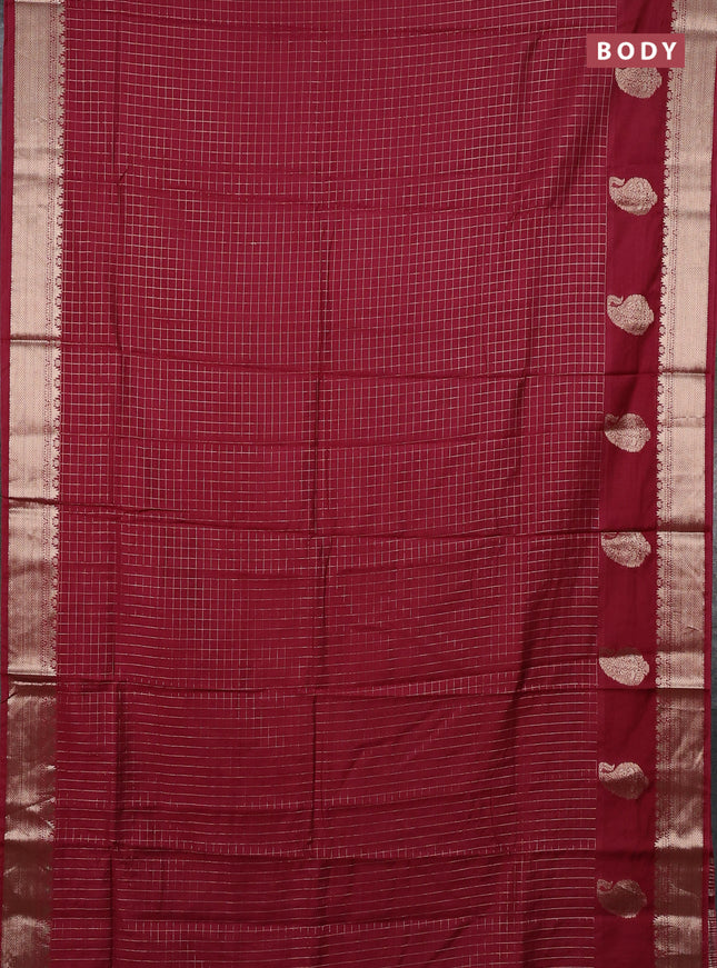 Semi chanderi saree maroon and green with allover zari checked pattern and zari woven paisley butta border