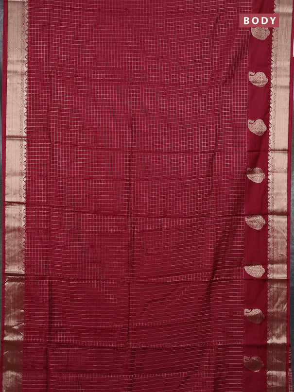 Semi chanderi saree maroon and green with allover zari checked pattern and zari woven paisley butta border