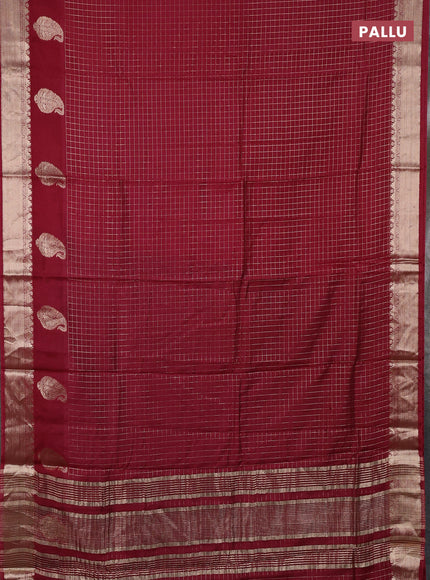 Semi chanderi saree maroon and green with allover zari checked pattern and zari woven paisley butta border