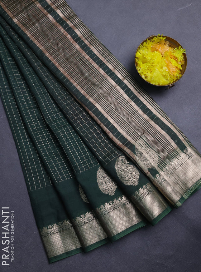 Semi chanderi saree bottle green and maroon with allover zari checked pattern and zari woven paisley butta border